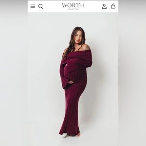 Worth Collective Bump Friendly Burgundy Off-Shoulder Ribbed Maxi Dress